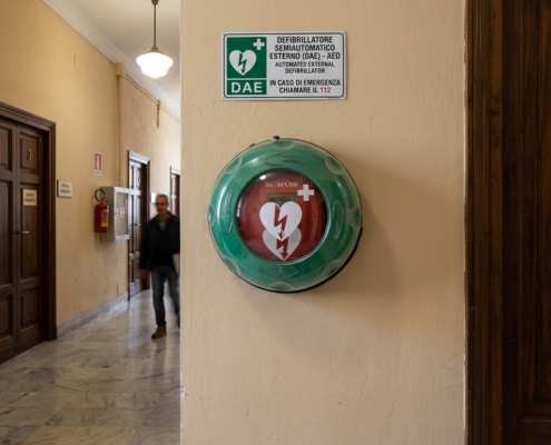Defibrillatore DAE verde rotondo appeso alla parete in un edificio comunale, montato su muro interno, ambiente pubblico di un comune italiano, corridoio o ingresso dae su muro